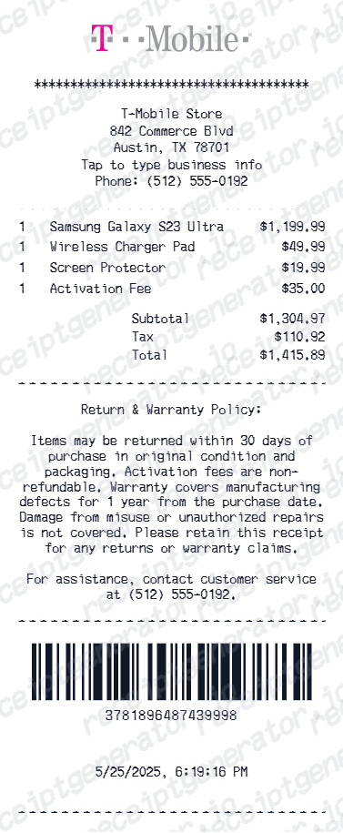 Free T-Mobile Receipt Generator - Create T-Mobile Purchase Receipts | PDF preview