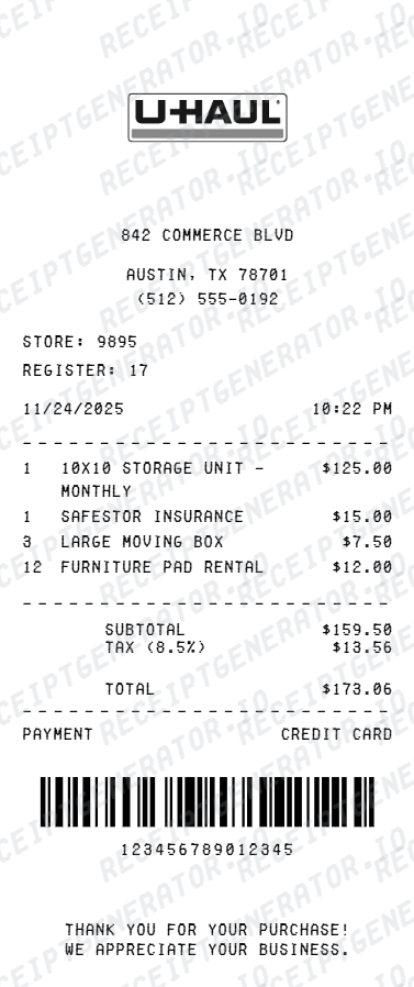 U-Haul Storage Receipt
