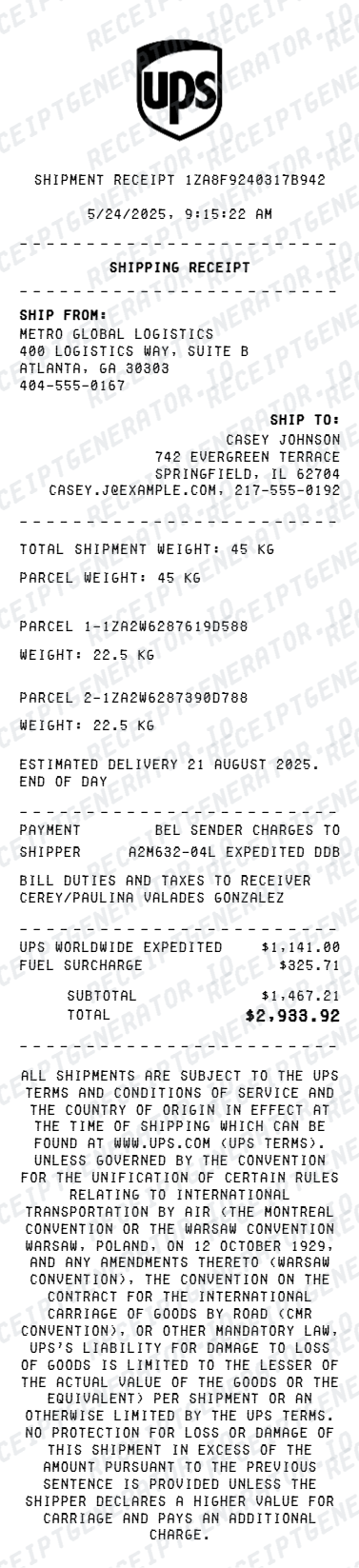 UPS Shipping Receipt