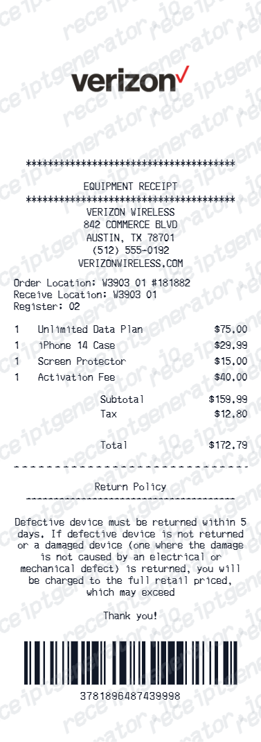 Verizon Receipt
