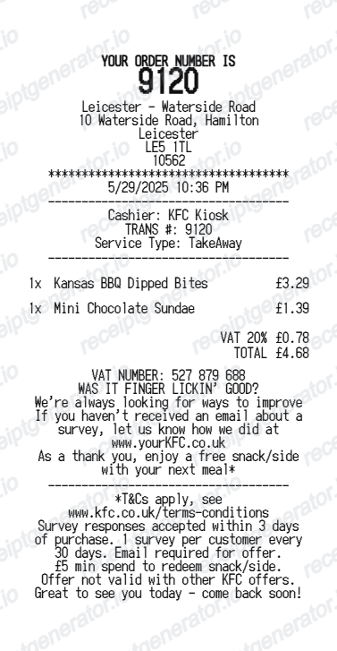 KFC UK receipt
