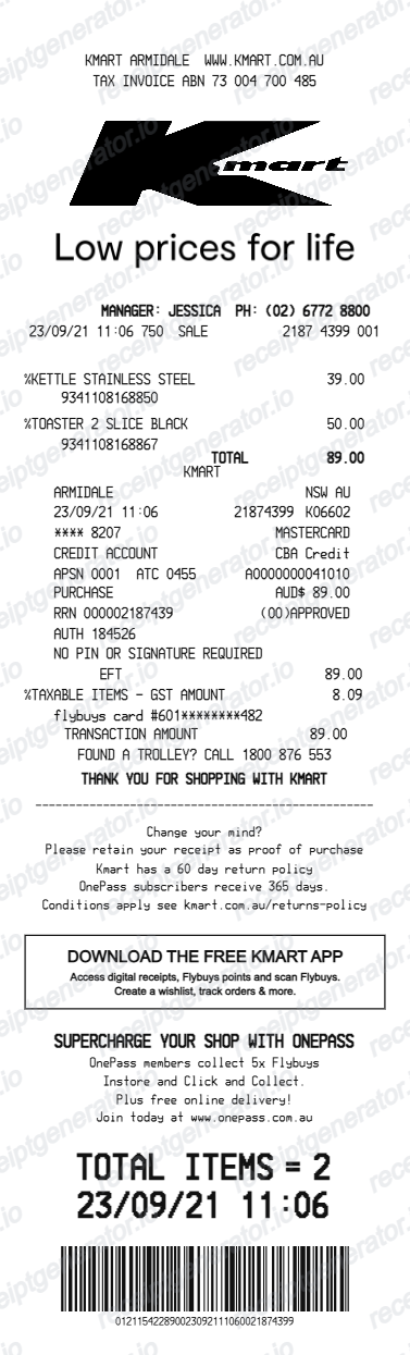 Kmart Receipt Australia