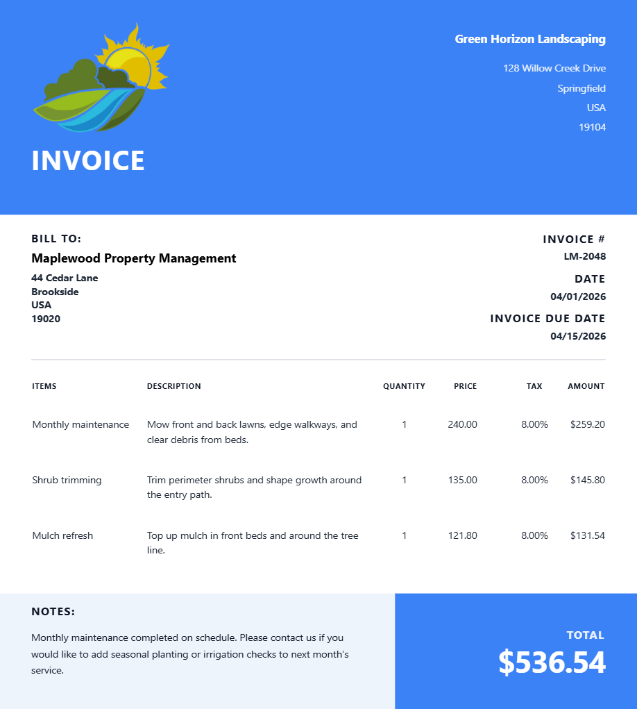 Landscaping Monthly Maintenance Receipt