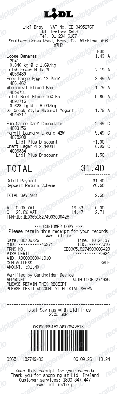 Lidl Ireland receipt