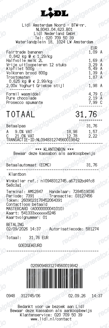 Lidl Netherlands receipt