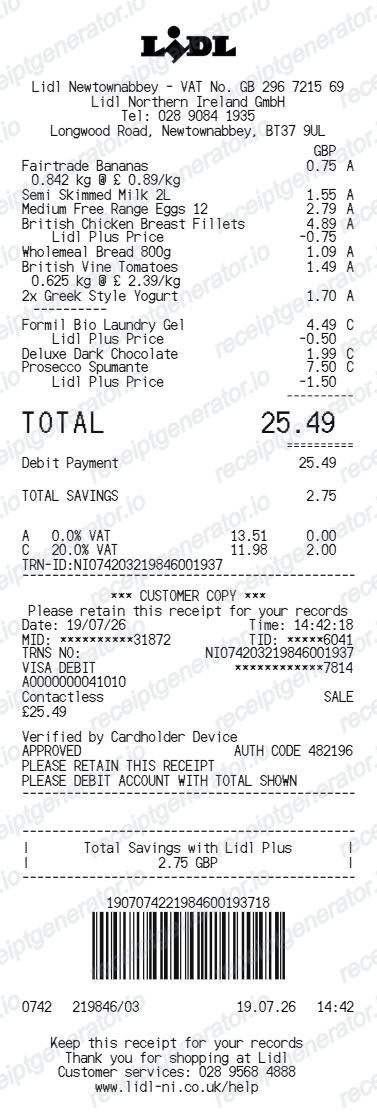 Lidl UK receipt