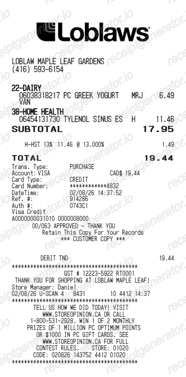 Loblaws Receipt - Preview of the template design