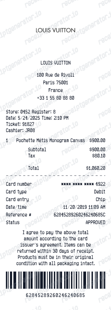 Louis Vuitton Receipt - Preview of the template design showing receipt format and layout