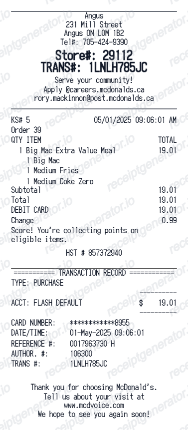 Mcdonalds Receipt Canada