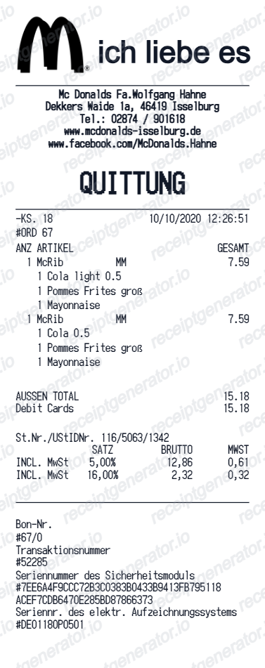 McDonald's Germany receipt