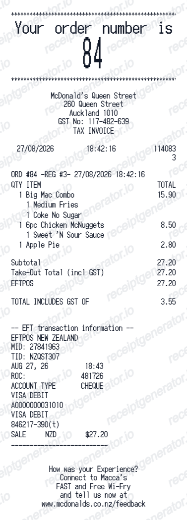 McDonald's NZ receipt