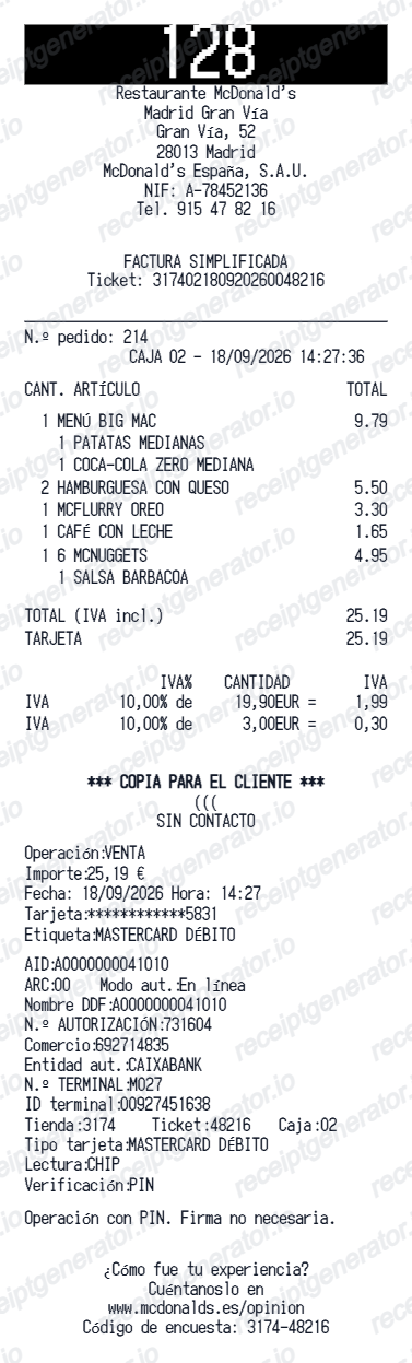 McDonald's Spain Receipt