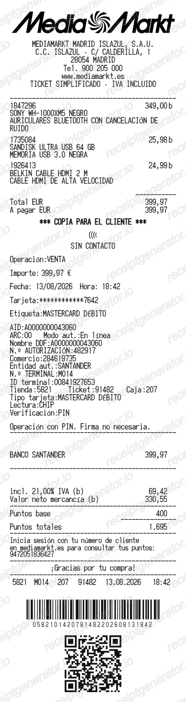 Media Markt Spain Receipt
