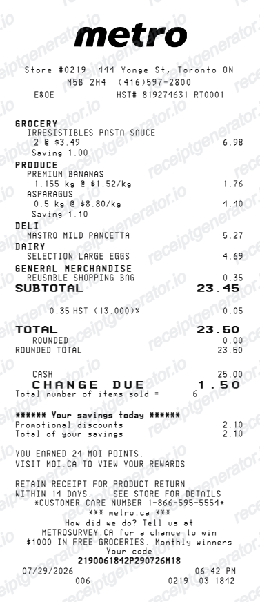 Metro Receipt Canada - Preview of the template design