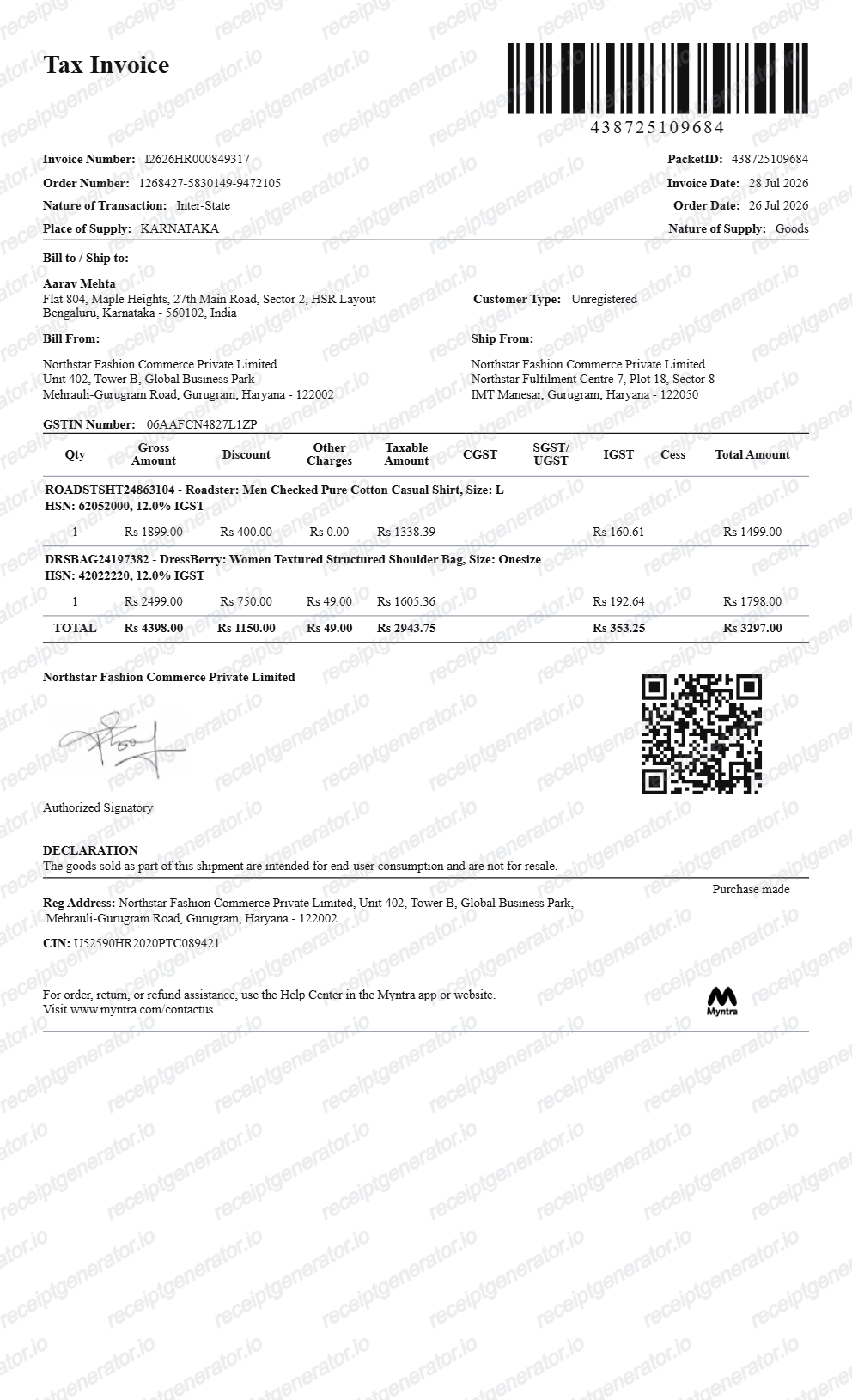 Myntra Invoice receipt