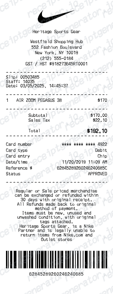 Nike Receipt - Preview of the template design showing receipt format and layout