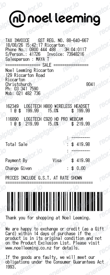 Noel Leeming receipt