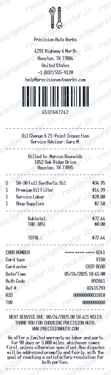 Oil Change Receipt