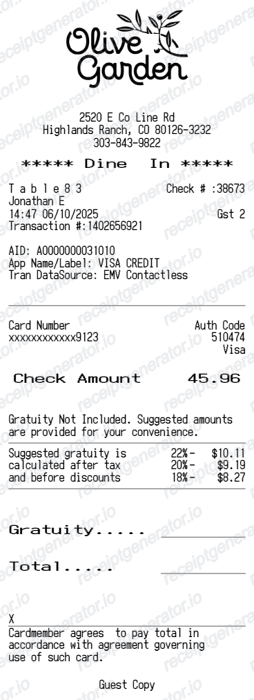 Free Olive Garden Receipt Generator - Olive Garden Purchase Receipt PDF preview