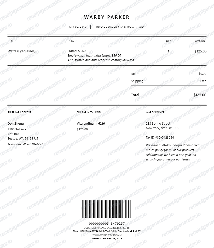 Optical Eyewear Prescription Receipt