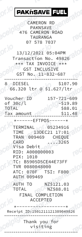 Pak'nSave receipt