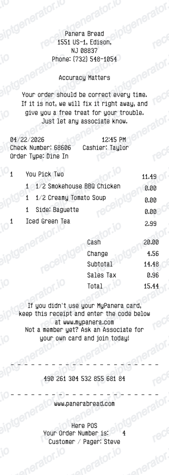 Panera Bread Receipt