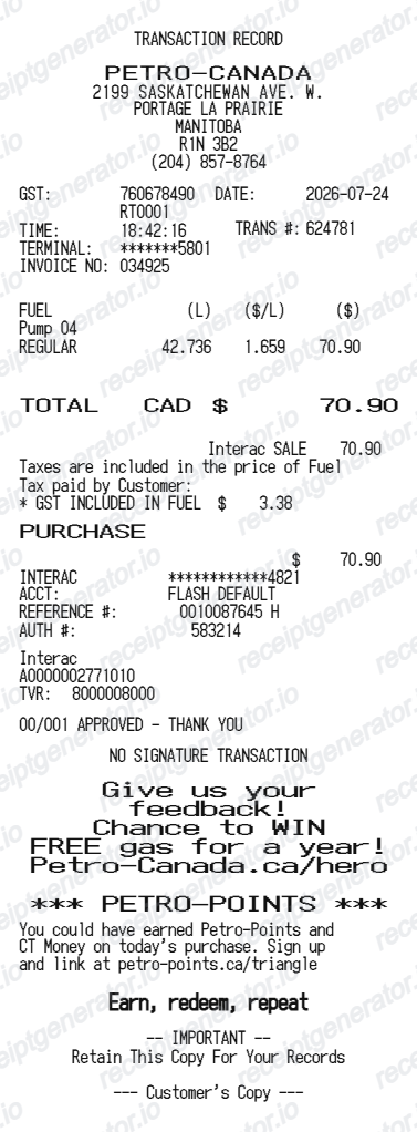 Petro Canada Receipt - Preview of the template design