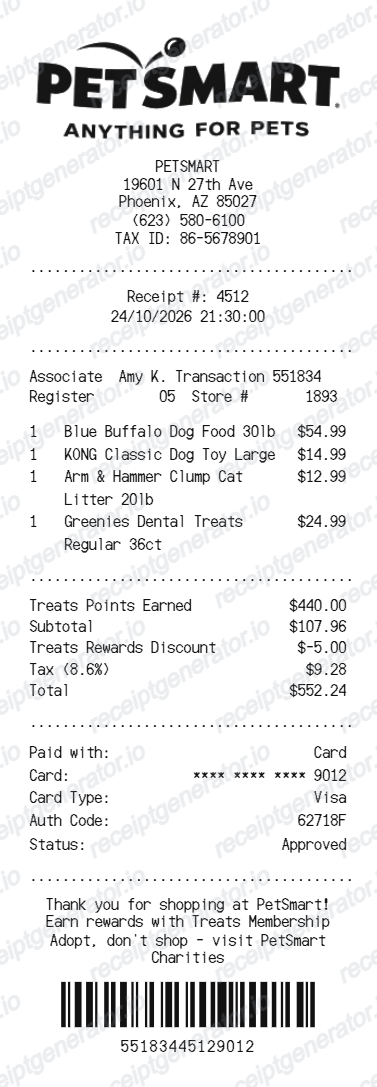 Free PetSmart Receipt Generator - PetSmart Purchase Receipt PDF preview
