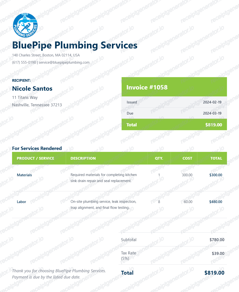Plumbing Receipt