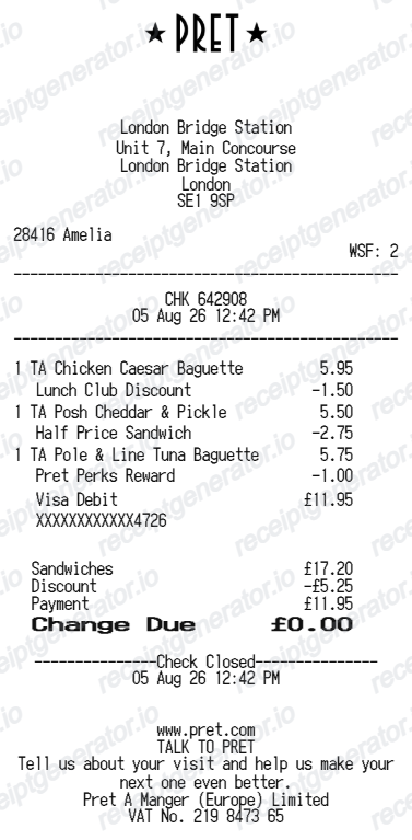 Pret A Manger receipt