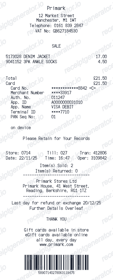 Primark receipt