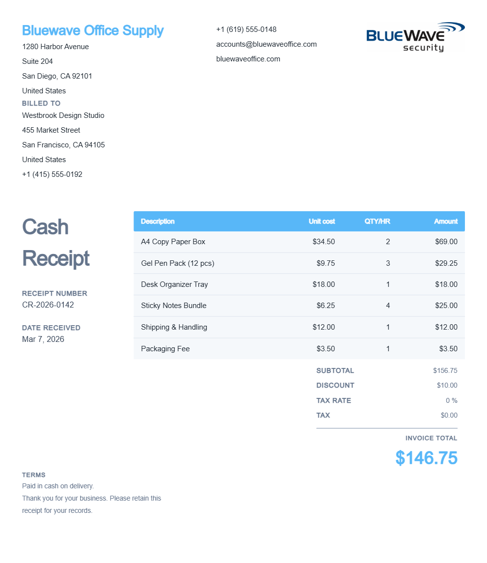 Printable Cash Receipt - Preview of the template design showing receipt format and layout