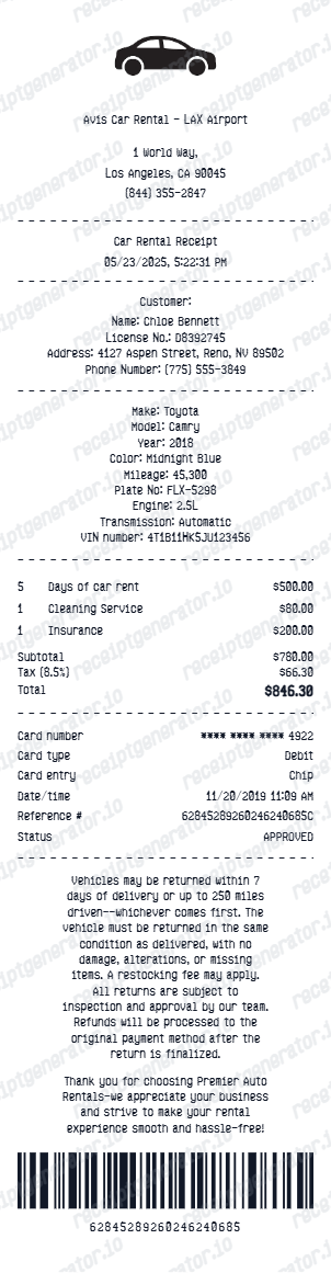 Rental Car Receipt - Preview of the template design showing receipt format and layout