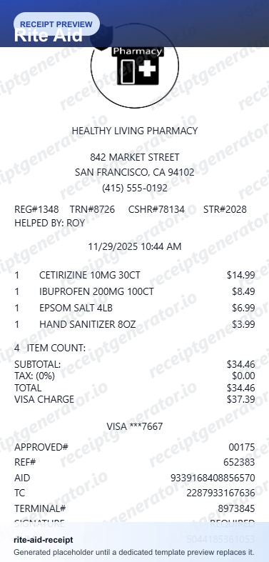 Free Rite Aid Receipt Generator - Create Rite Aid Pharmacy Receipts | PDF preview