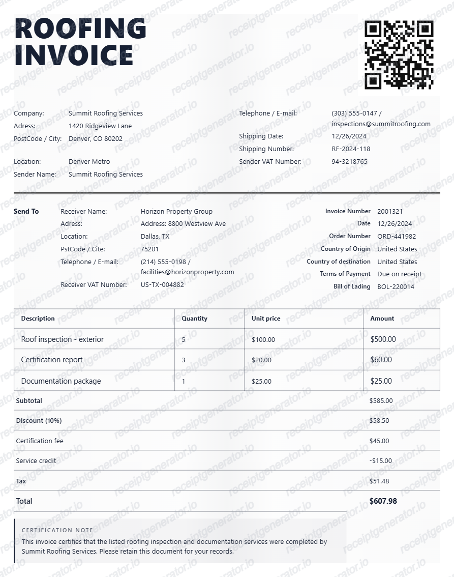 Roofing Inspection Certification Bill