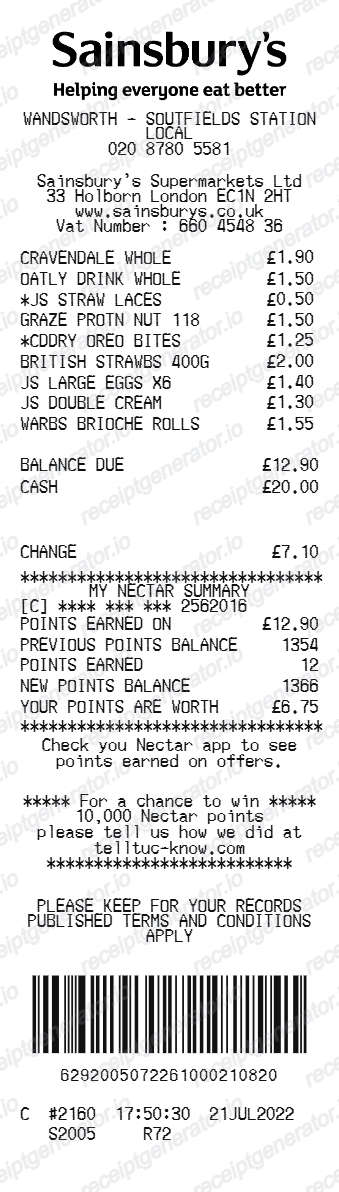 Sainsburys Receipt