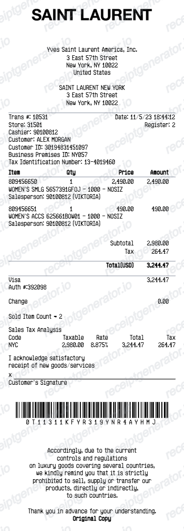 Free Saint Laurent Receipt Generator - YSL Purchase Receipt PDF preview