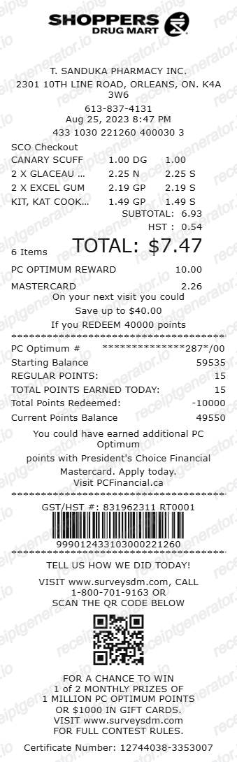 Shoppers Drug Mart Itemized Receipt