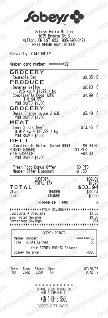 Sobeys Receipt