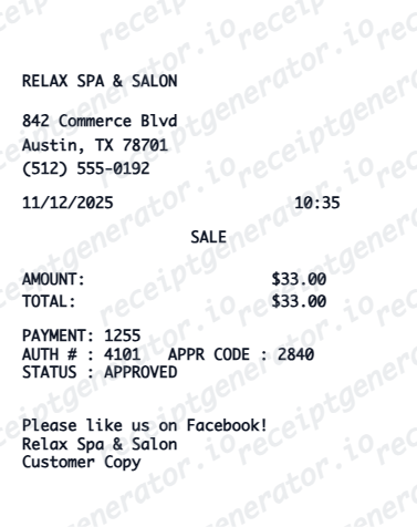 Spa Receipt - Preview of the template design showing receipt format and layout