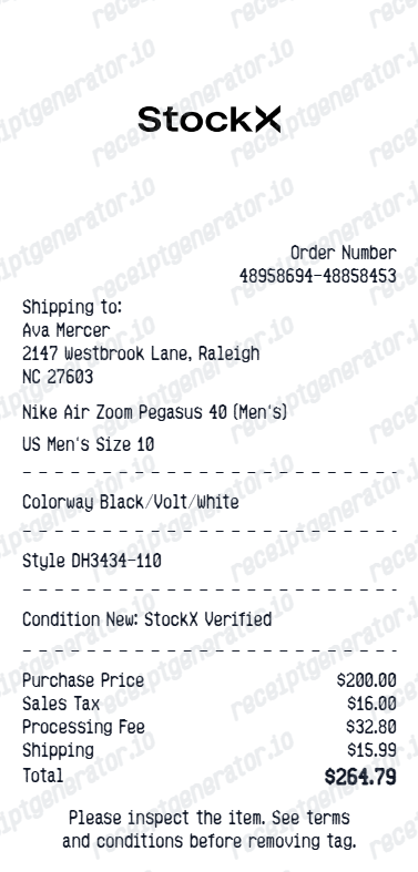 Stockx Receipt - Preview of the template design showing receipt format and layout