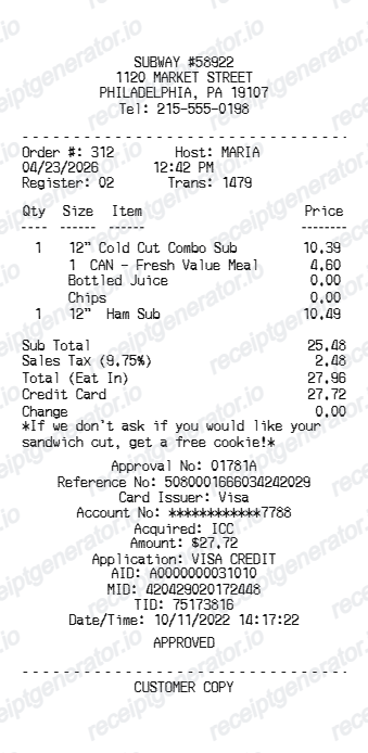 Subway Receipt