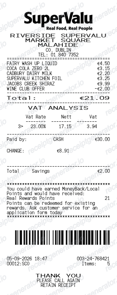 SuperValu Ireland receipt