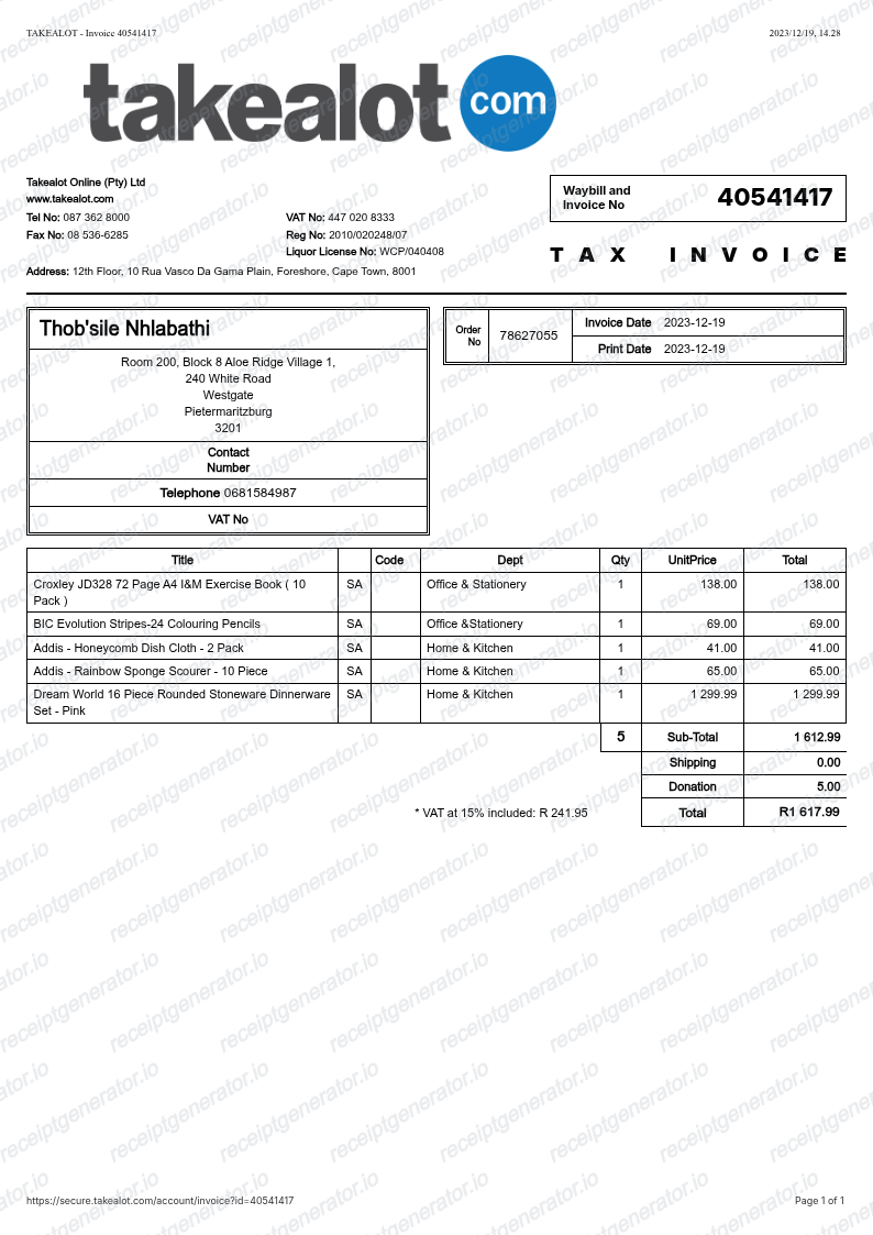 Takealot Invoice - Preview of the template design