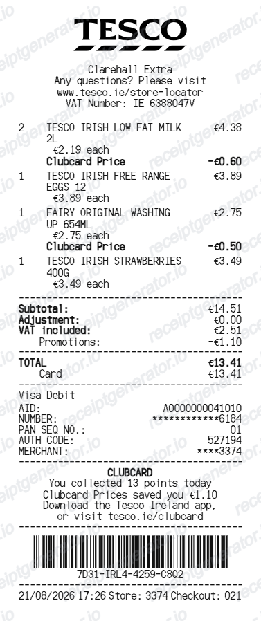 Tesco Ireland receipt