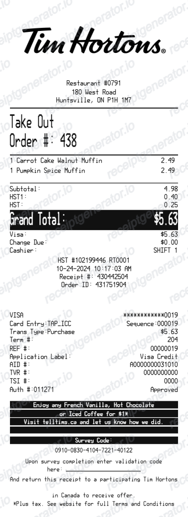 Tim Hortons Receipt Canada