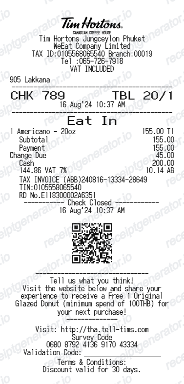 Free Tim Hortons Receipt Generator - Tim Hortons Purchase Receipt PDF preview