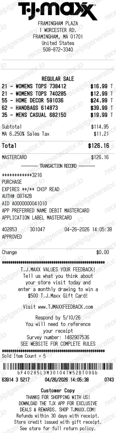 TJ Maxx Receipt