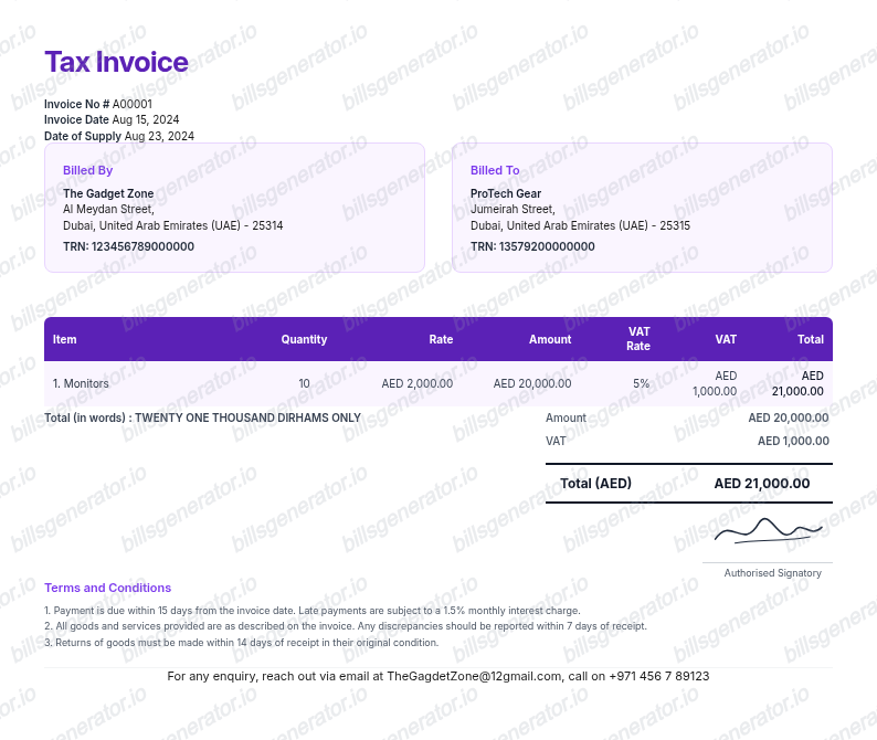 UAE VAT Invoice template preview