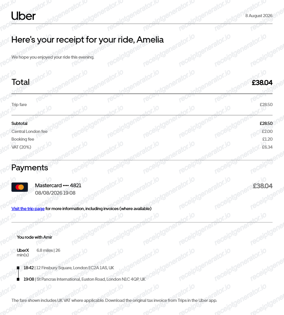 Uber UK receipt